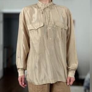 Polo Ralph Lauren Silk Pockets Half Button Oversized Shirt Beige Womens Size S
